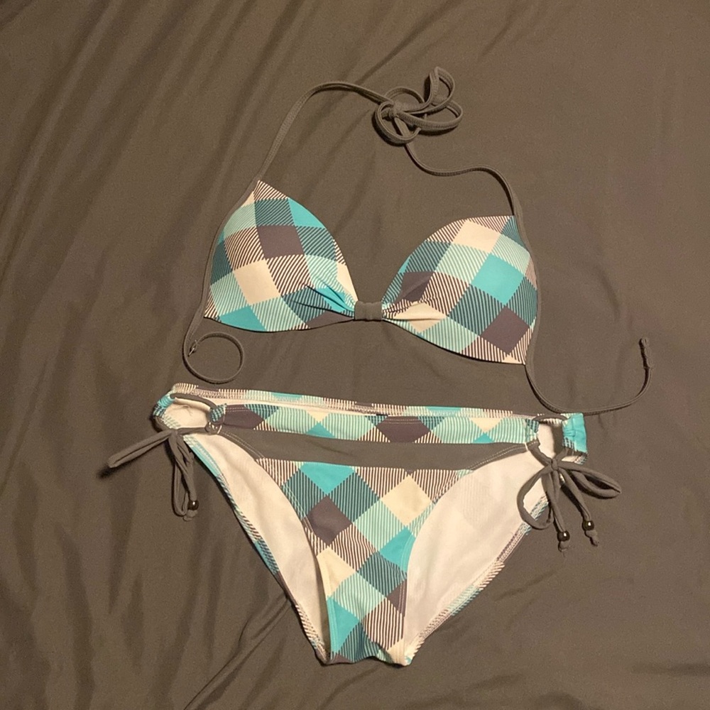 Bikini teal grey and plaid